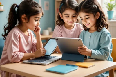 Girls using classroom tablets