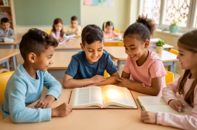 Students reading glowing book