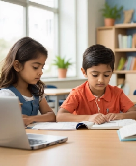 Children studying with laptop