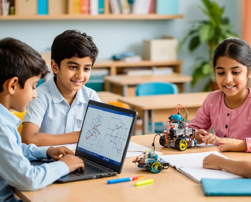 Students building small robots