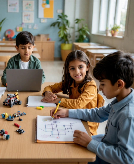 Students studying robotics diagram