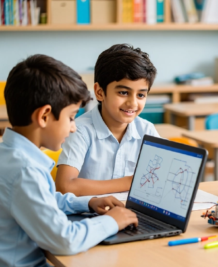 Boys using black laptop