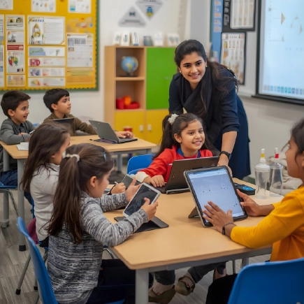 Teacher guiding students with tablets