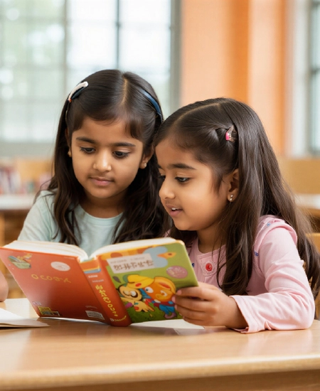 Two girls reading book