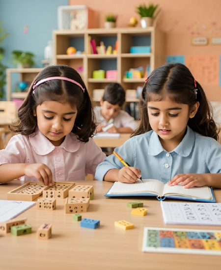 Girls writing and playing